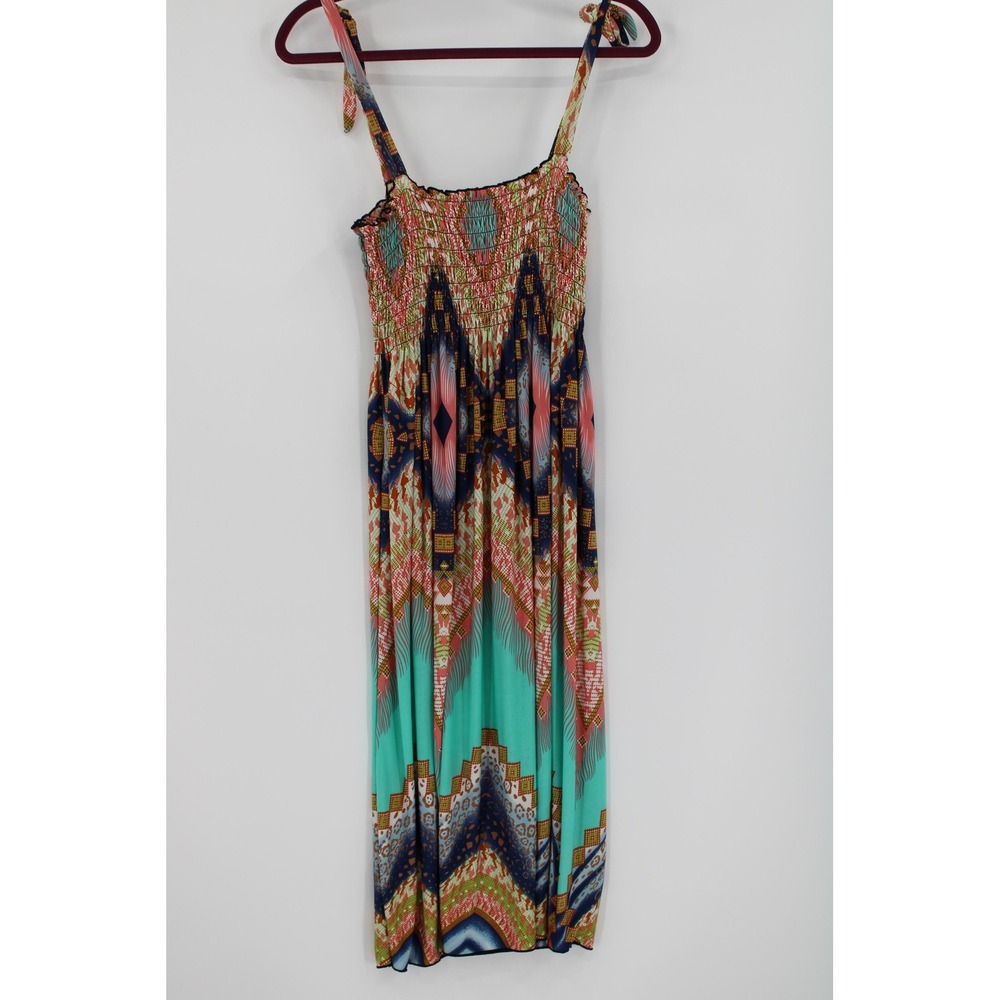 Boho Maxi Dress Womens‎ Large Geometric Print Tie Strap Smocked Top Summer